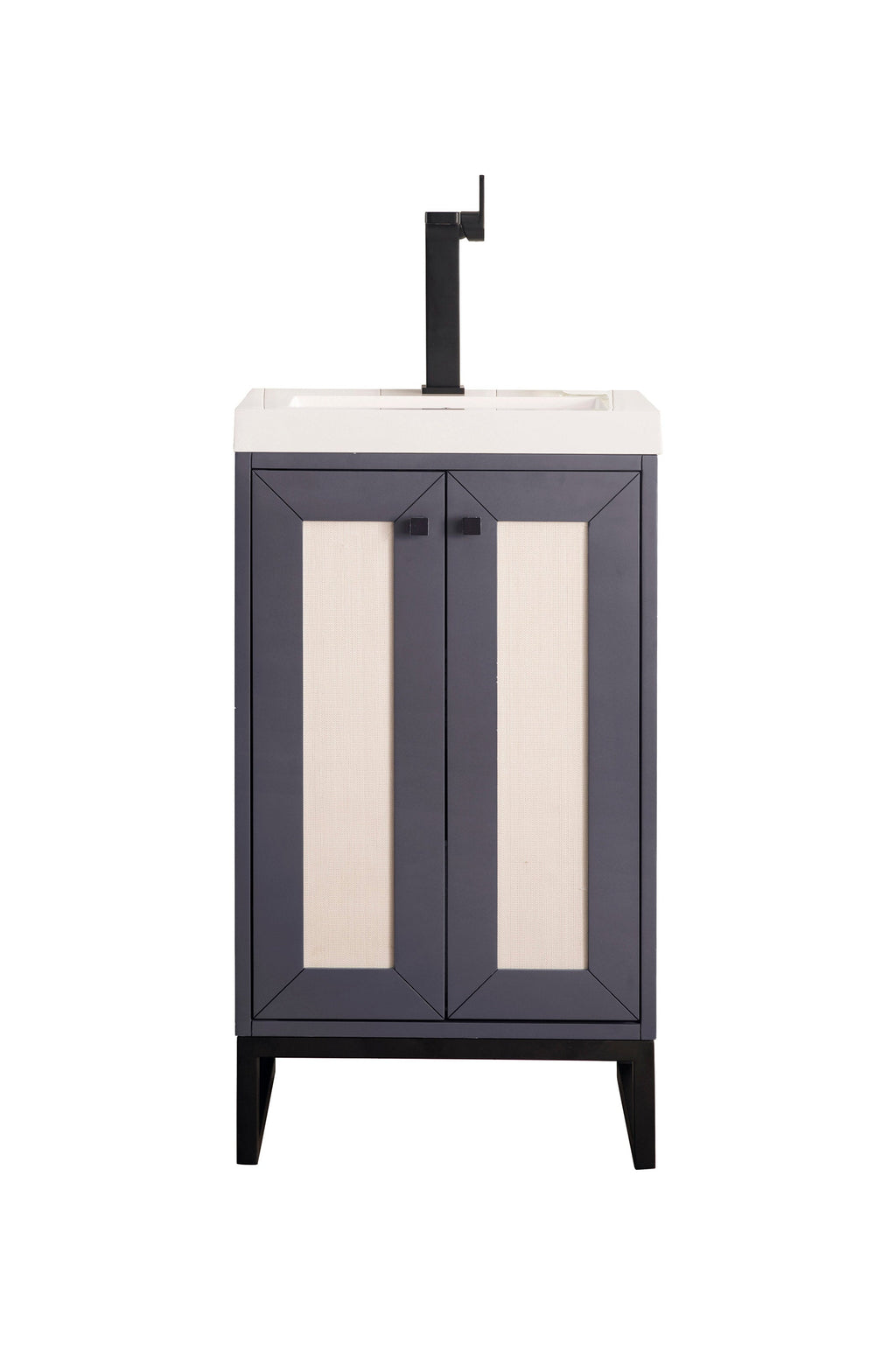 Front view of a modern 20-inch freestanding solid wood bathroom vanity in stone finish with white stone top and integrated ceramic sink, dark-gray framed doors with beige inset panels, black single-handle faucet and tapered legs.