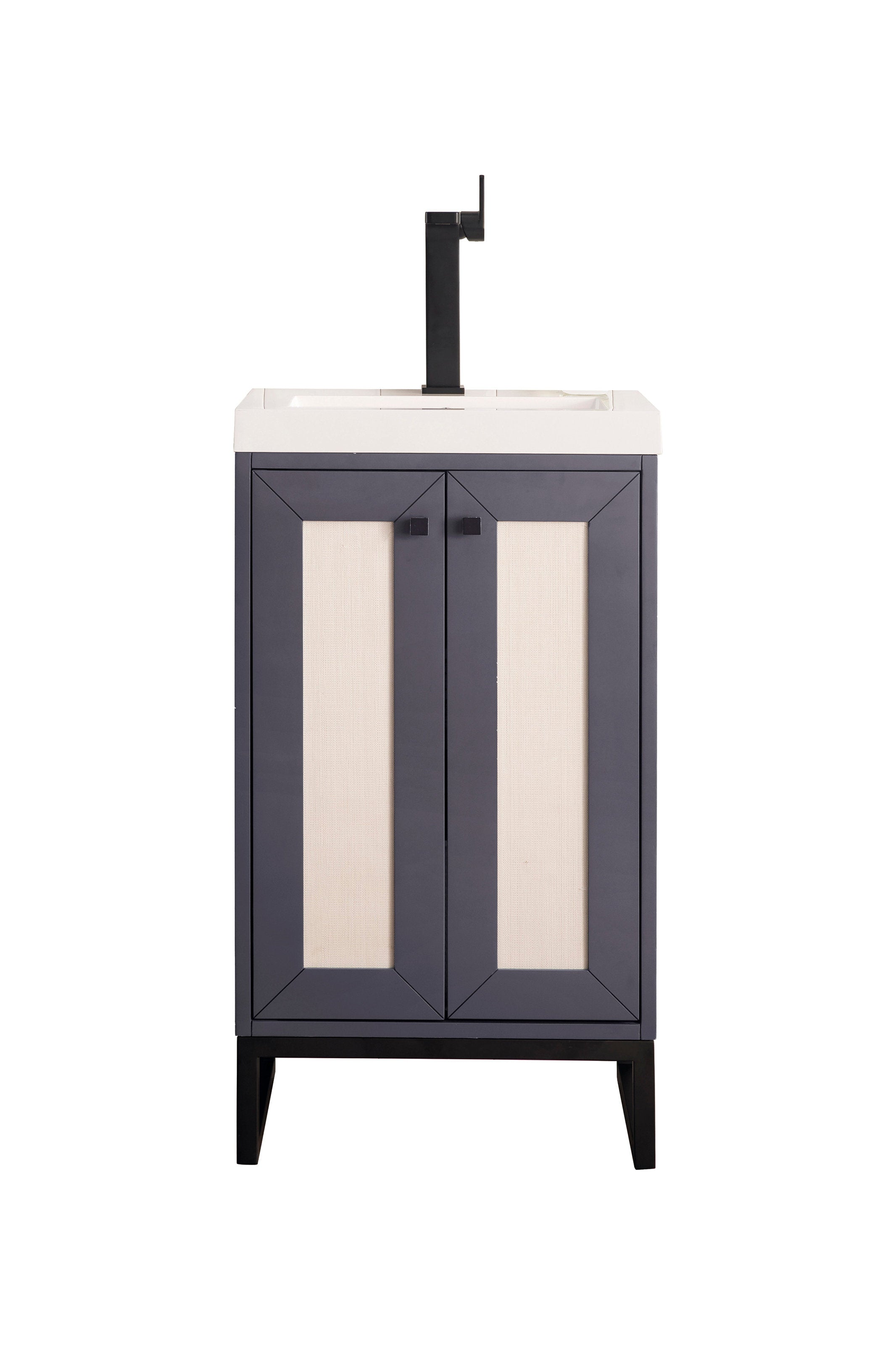 Front view of a modern 20-inch freestanding solid wood bathroom vanity in stone finish with white stone top and integrated ceramic sink, dark-gray framed doors with beige inset panels, black single-handle faucet and tapered legs.