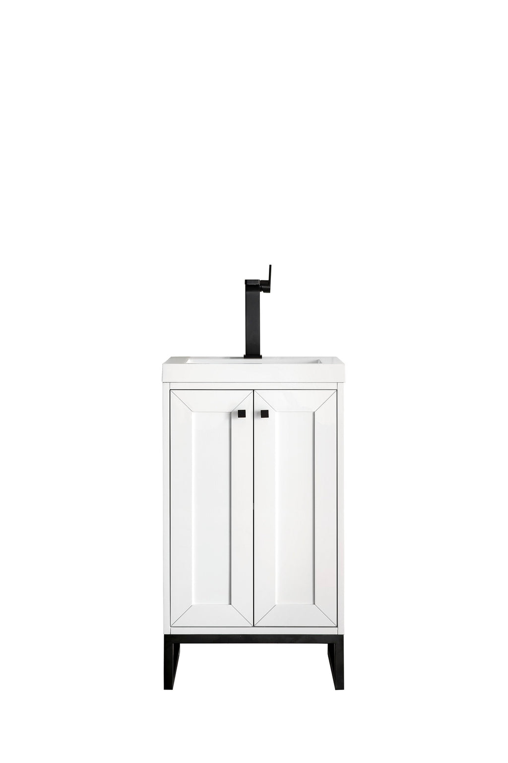 Freestanding modern solid-wood bathroom vanity in white with a stone top and integrated ceramic sink, paired with a tall black single-handle faucet, square black knobs and black metal legs.