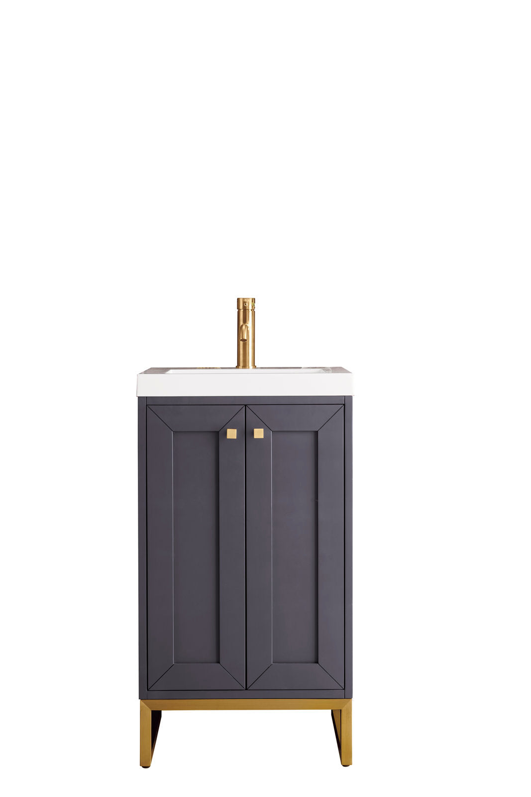 Freestanding modern single-sink bathroom vanity with a white stone top and integrated ceramic sink, dark stone-finished solid wood cabinet with two paneled doors, square gold knobs and matching gold metal legs.