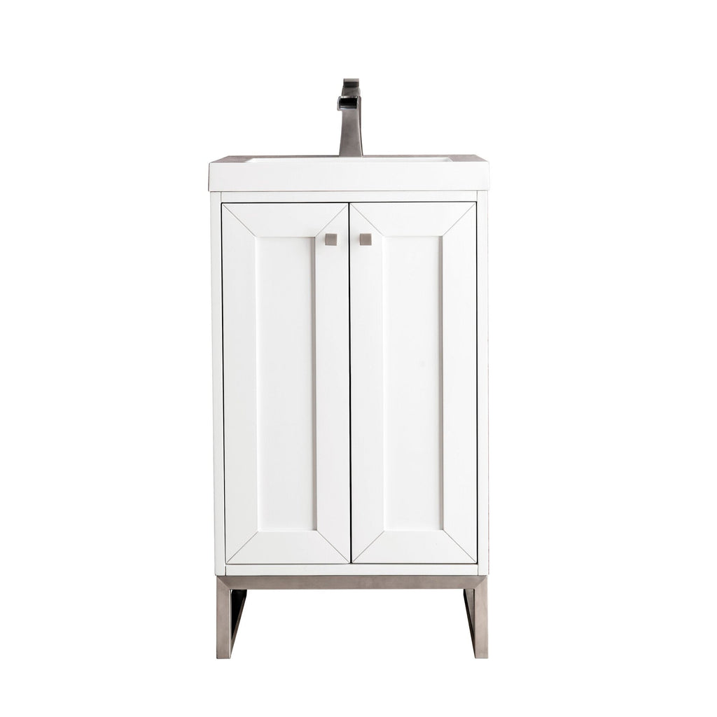 Modern freestanding single-sink bathroom vanity in white solid wood with a stone top, integrated rectangular ceramic basin, brushed-nickel square knobs and metal legs, plus two paneled doors for concealed storage.
