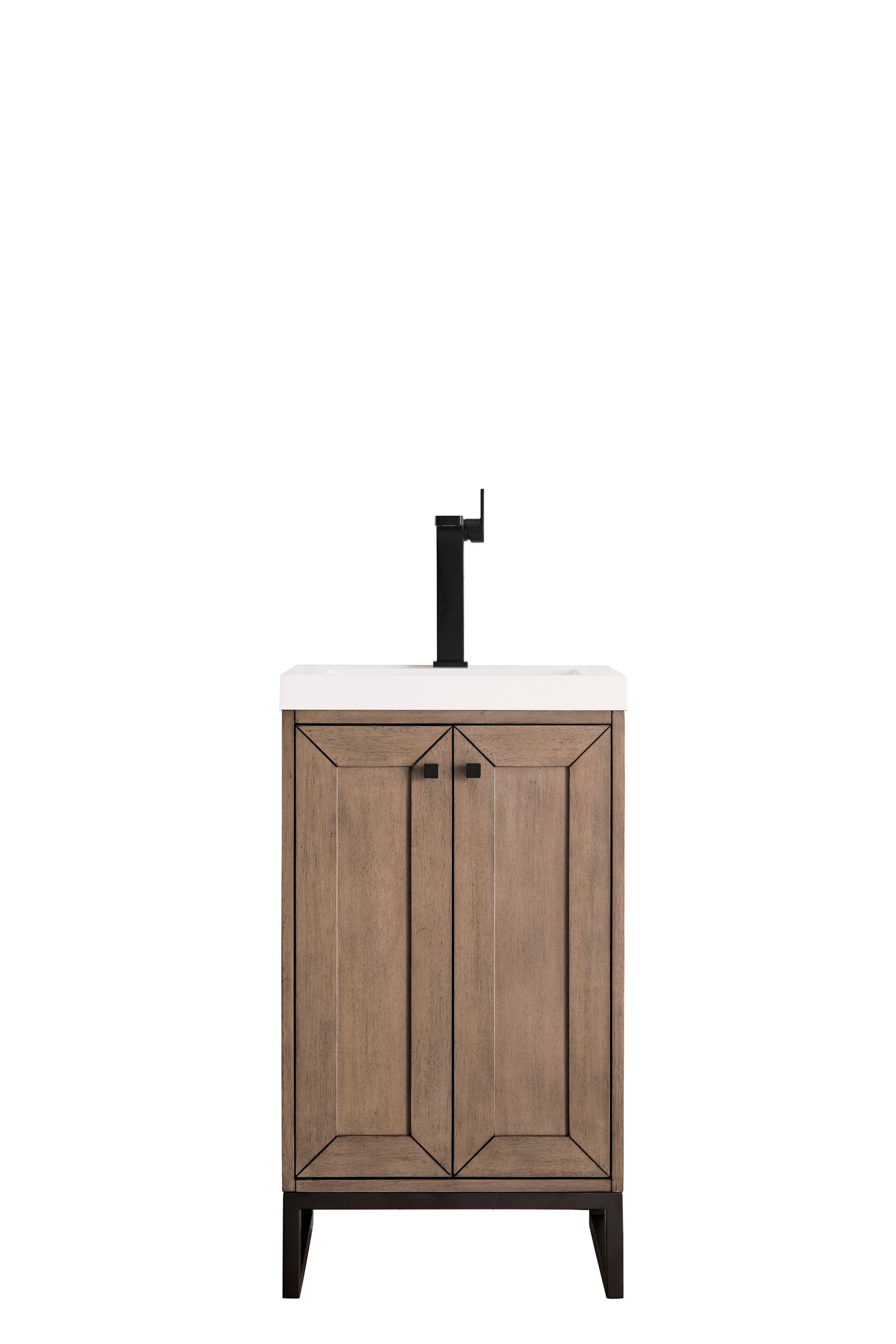 20-inch freestanding solid wood bathroom vanity in stone finish with a white stone top and integrated ceramic sink, black single-handle tall faucet, two-panel cabinet doors with square black knobs and open metal legs.