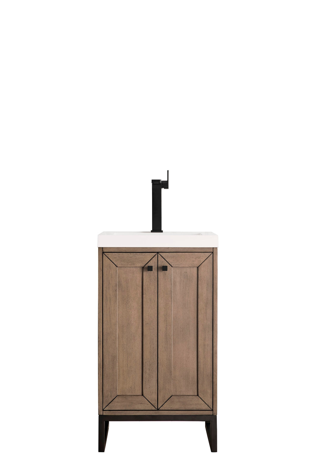 20-inch freestanding solid wood bathroom vanity in stone finish with a white stone top and integrated ceramic sink, black single-handle tall faucet, two-panel cabinet doors with square black knobs and open metal legs.