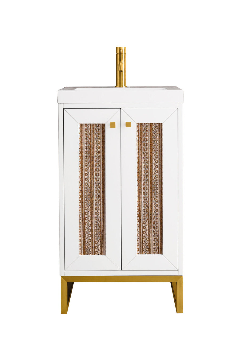 20-inch freestanding single-sink bathroom vanity in white solid wood with a stone top, patterned brown inset panels, square gold knobs, gold metal base and a gold faucet.