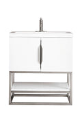 Contemporary white single-sink bathroom vanity with stone top and solid wood cabinet, central stainless pull handle, raised metal frame and open lower shelf for storage.