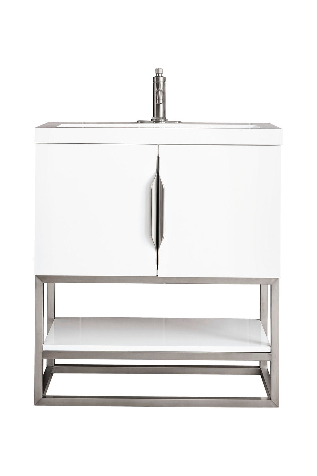 Contemporary white single-sink bathroom vanity with stone top and solid wood cabinet, central stainless pull handle, raised metal frame and open lower shelf for storage.