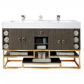59-inch freestanding double-sink bathroom vanity with a white stone composite top and integrated rectangular sinks, stone-colored solid wood cabinet, gold metal base and square gold pulls, open shelves with rolled towels.