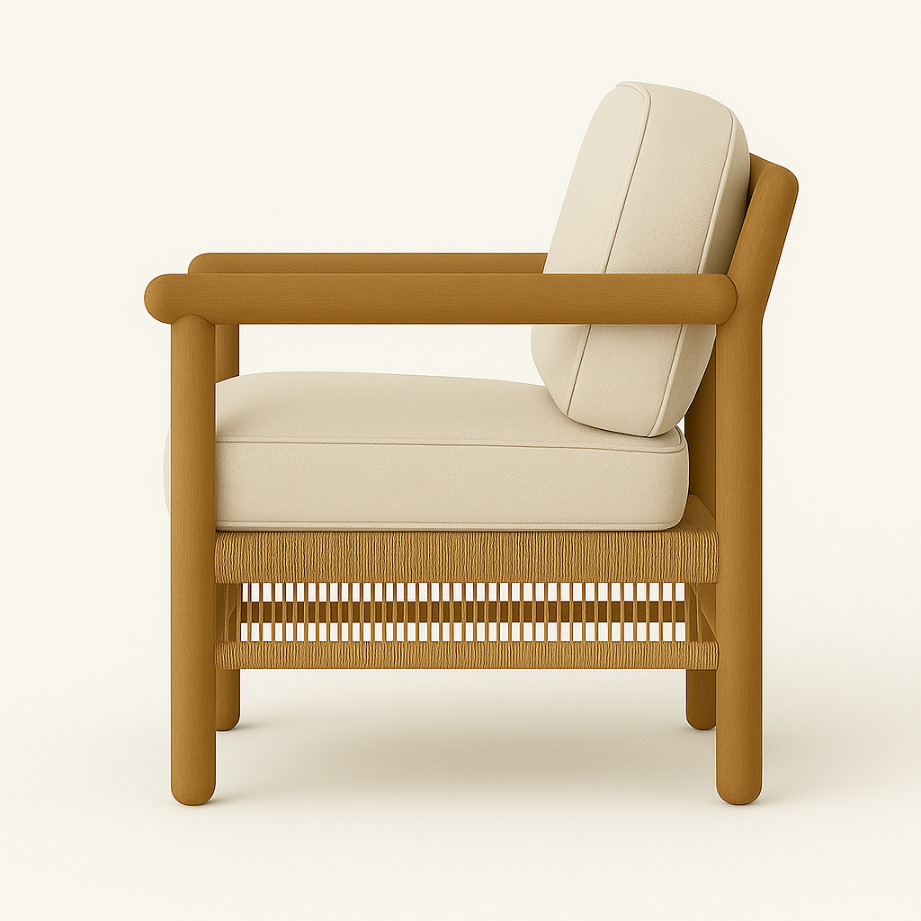 Side view of an outdoor club lounge chair with a natural teak frame, rounded arms, woven rope seat and thick cream fabric seat and back cushions in a coastal mid-century modern style.