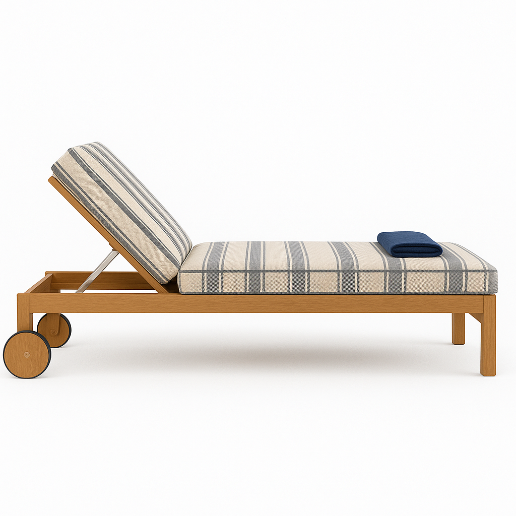 Mid-century modern teak outdoor chaise lounger with adjustable backrest and aluminum support bar, striped beige-and-gray fabric cushions, two rear wooden wheels and a folded navy towel on the seat.