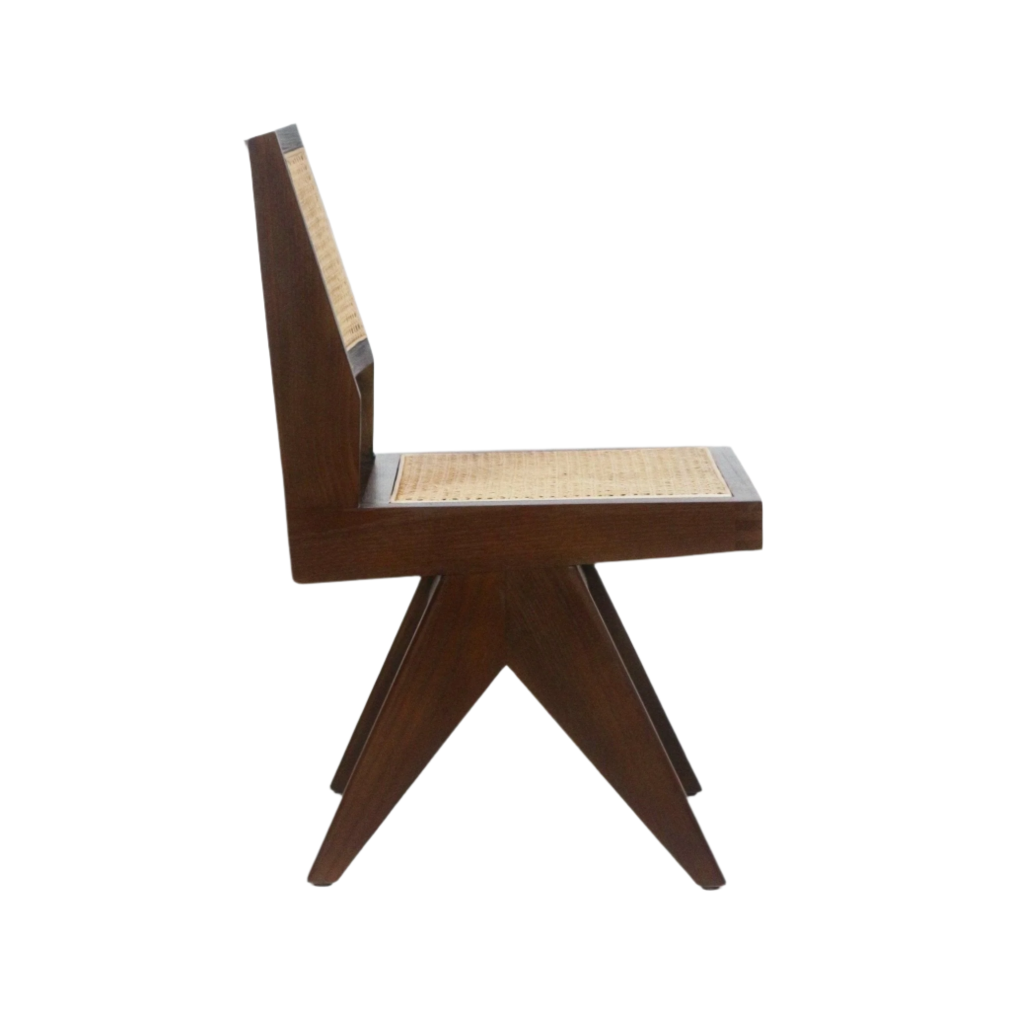 Side view of an armless mid-century modern dining chair in dark walnut-finish solid wood with woven natural cane seat and backrest and angular pedestal legs.