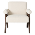 Front view of a cream boucle upholstered accent chair with rounded bolster arms, square back, cushioned seat and tapered natural wood legs in a modern mid-century style.