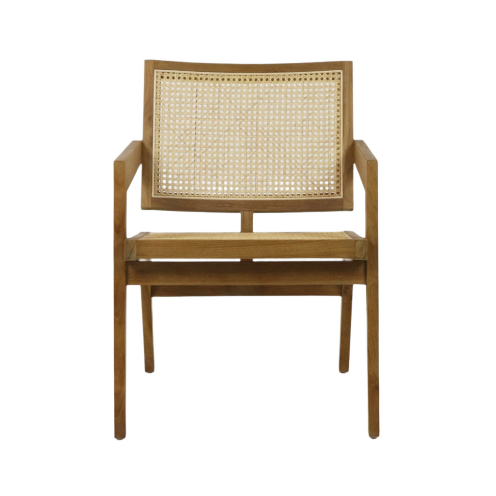Front view of a mid-century modern lounge chair with a natural teak solid wood frame, woven cane back and seat, and simple angled armrests shown on a white background.