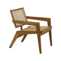 Low mid-century lounge chair with a warm teak solid wood frame and woven cane seat and back, angled legs and rectangular armrests.