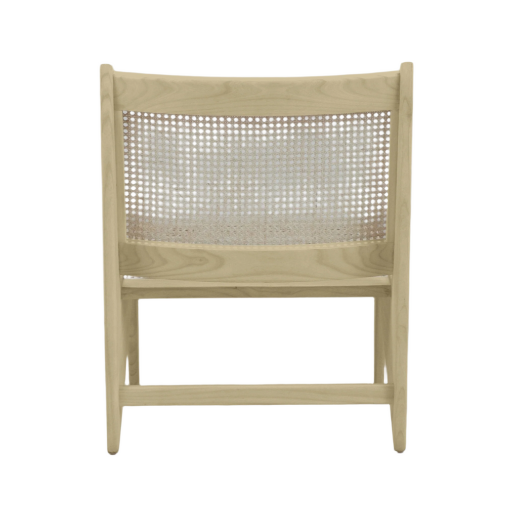 Rear view of a mid-century modern accent chair with a light natural teak frame and woven cane back panel, showing tapered solid wood legs and horizontal stretcher supports.