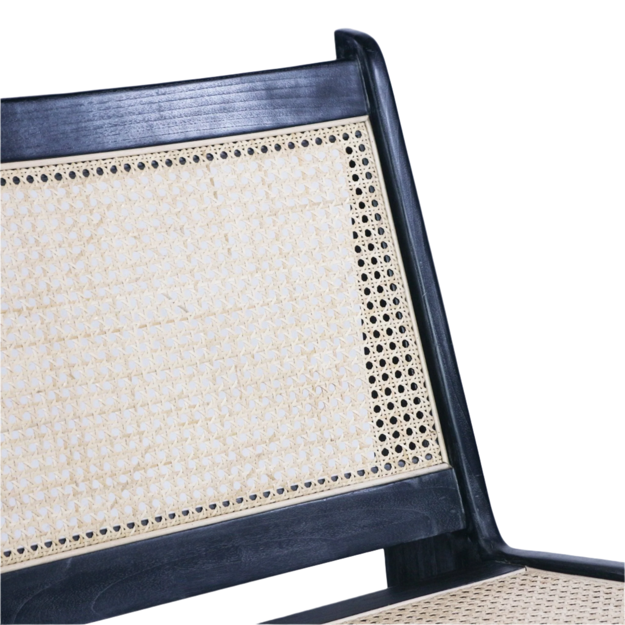 Close-up of a natural woven cane back and seat set in a black-stained teak wood frame, highlighting the handwoven cane pattern and rounded top rail.