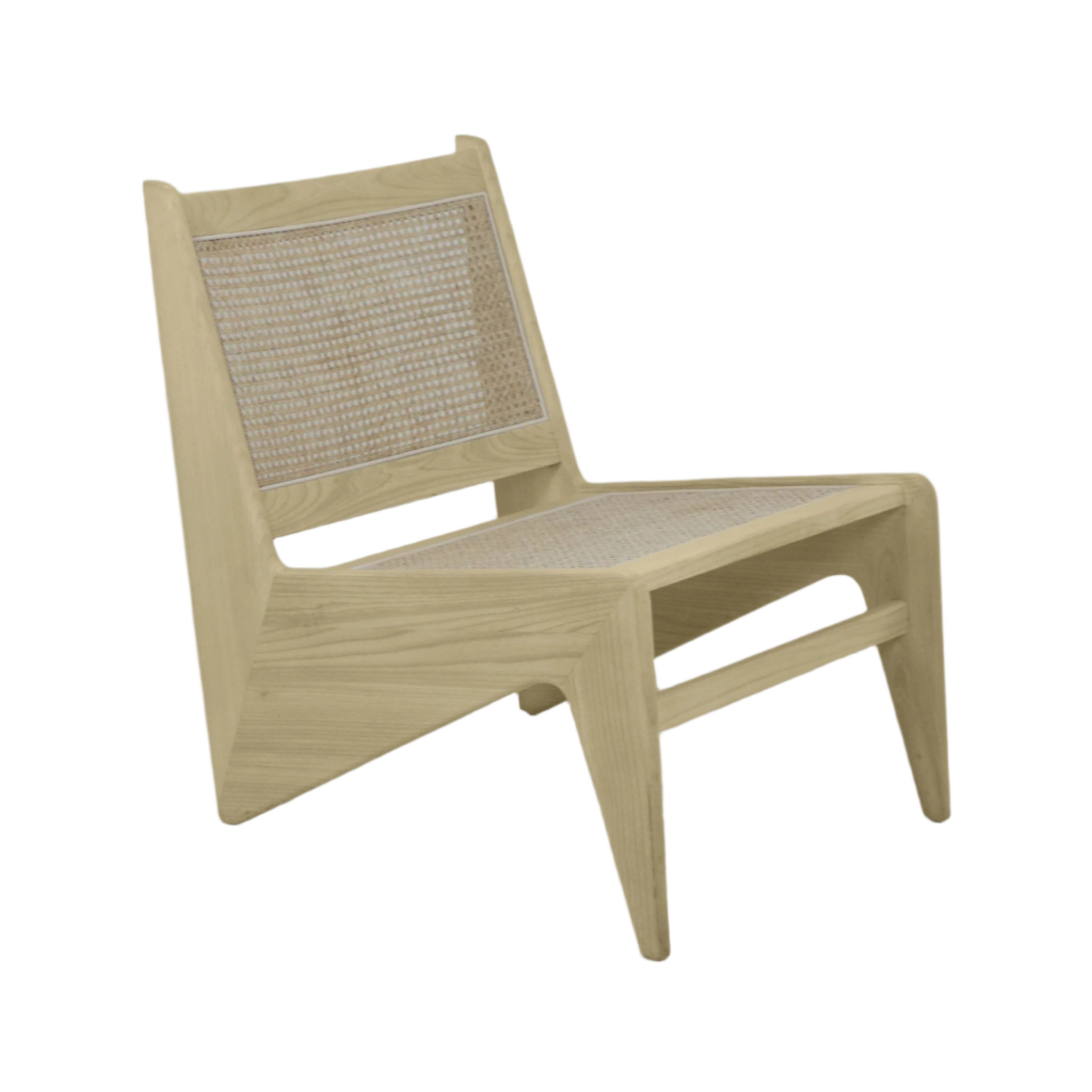 Low-profile armless lounge chair in natural wood with a light beige woven cane seat and back, solid teak frame and angled mid-century modern silhouette.