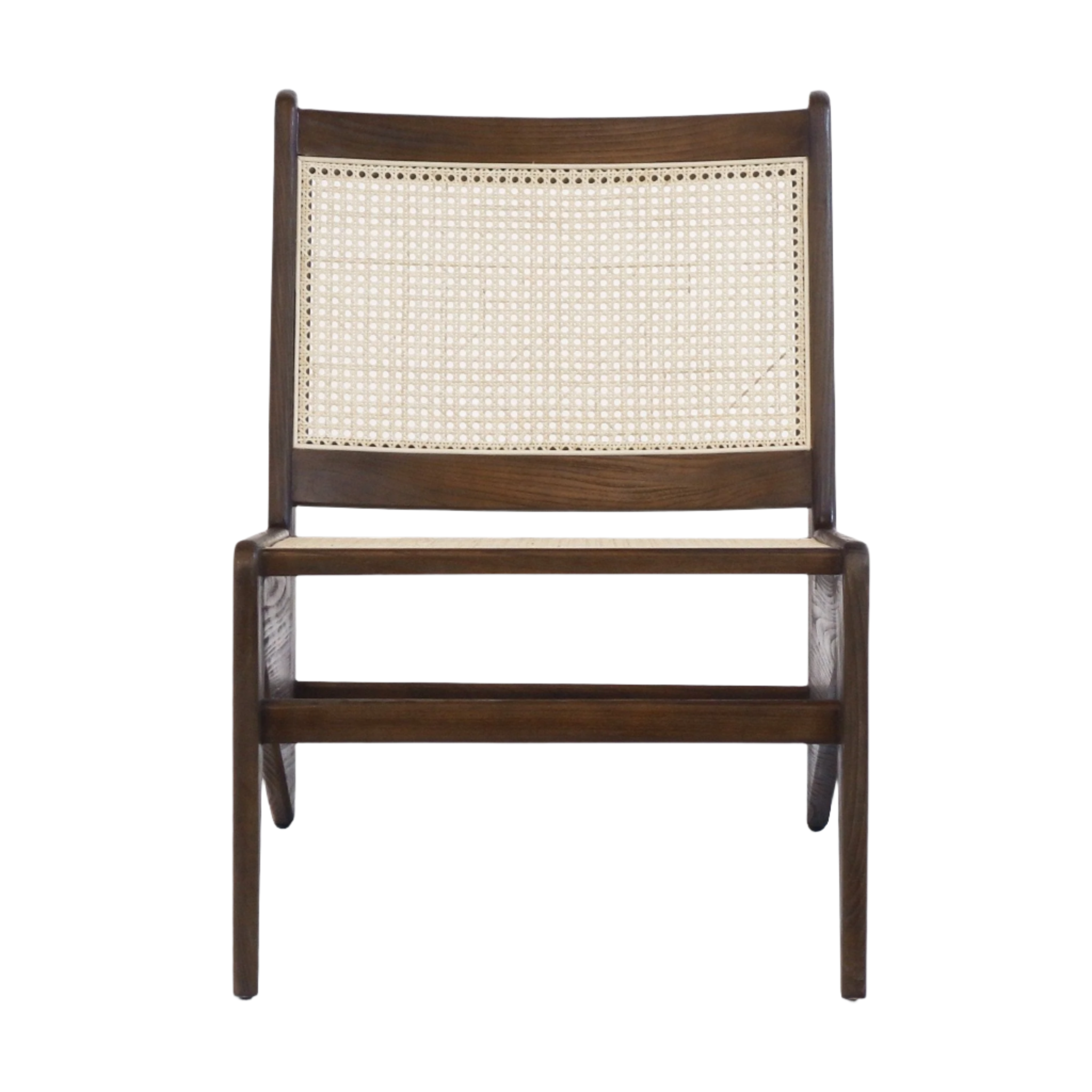 Front view of a mid-century modern armless lounge chair with a warm teak solid wood frame and natural cane woven back and seat, shown on a white background.