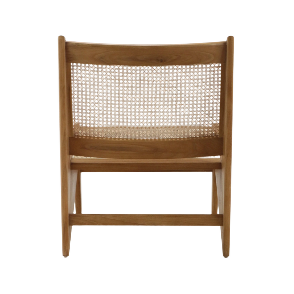 Rear view of a mid-century modern lounge chair with a natural teak solid wood frame and woven cane backrest, armless low-profile design shown on a white background.
