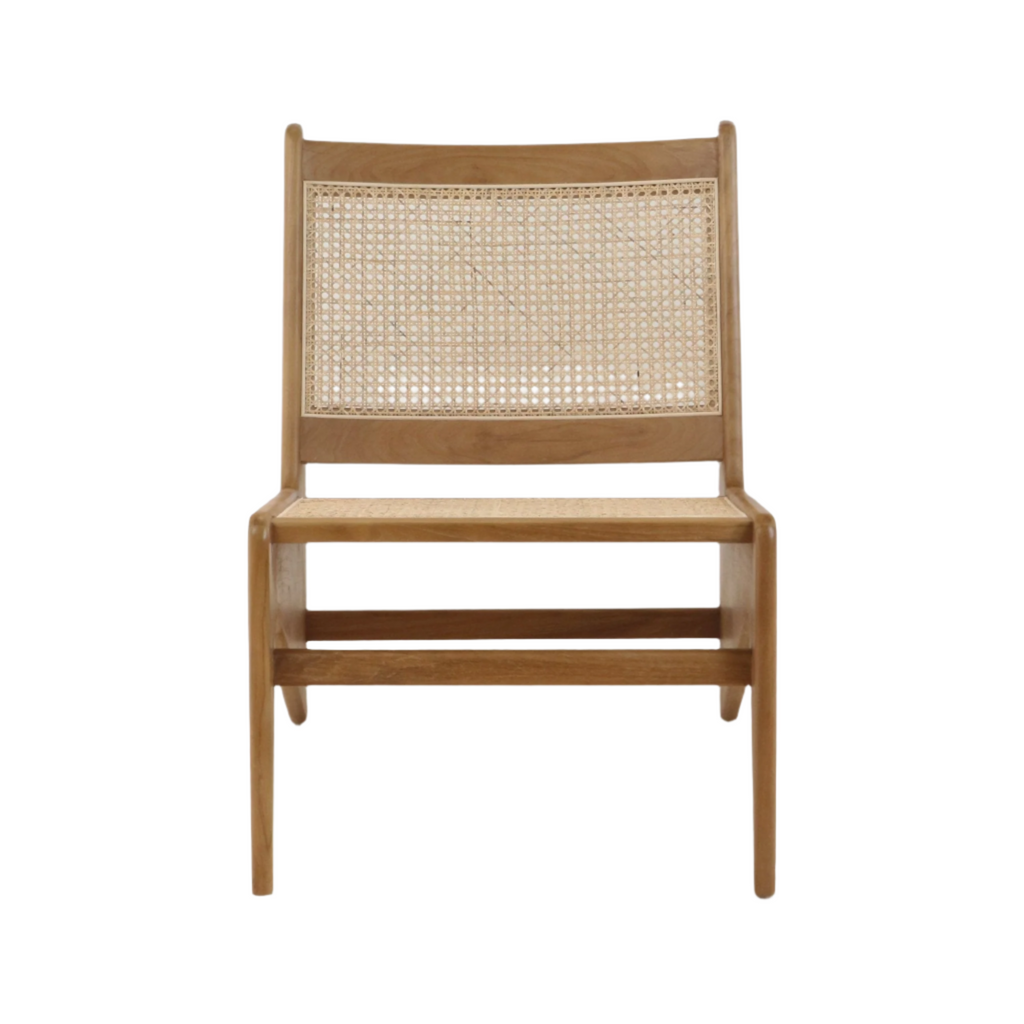 Armless low-back chair with a solid teak frame and woven cane seat and back in a natural wood finish, featuring mid-century modern lines and tapered legs.