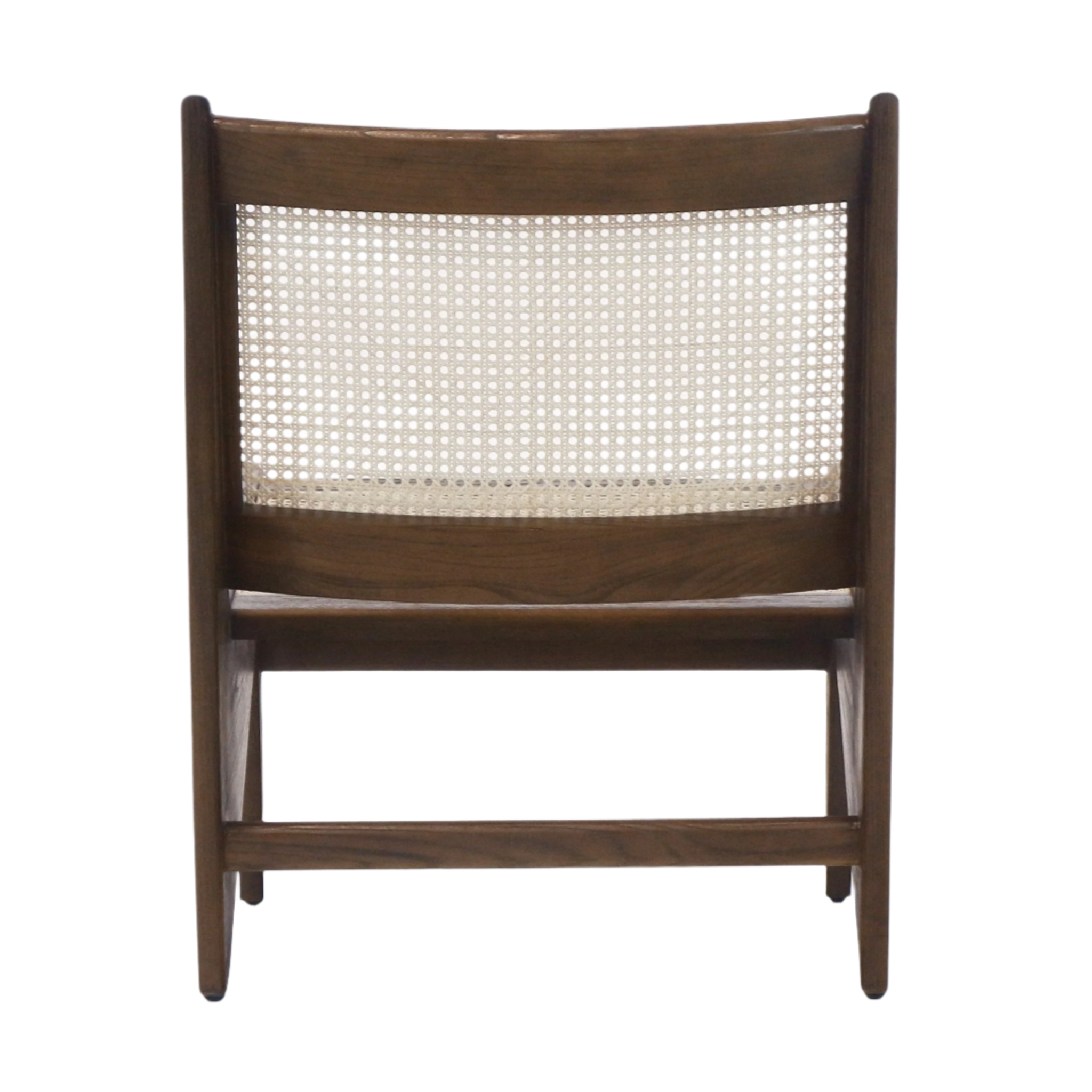 Back view of a mid-century modern teak lounge chair featuring a woven natural cane backrest and warm brown solid wood frame.