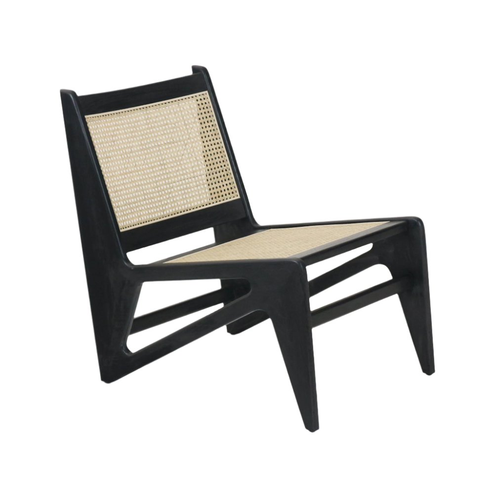 Low modern lounge chair with a black teak solid wood frame and natural woven cane seat and back; armless, low-back silhouette with angled legs and open slotted sides.