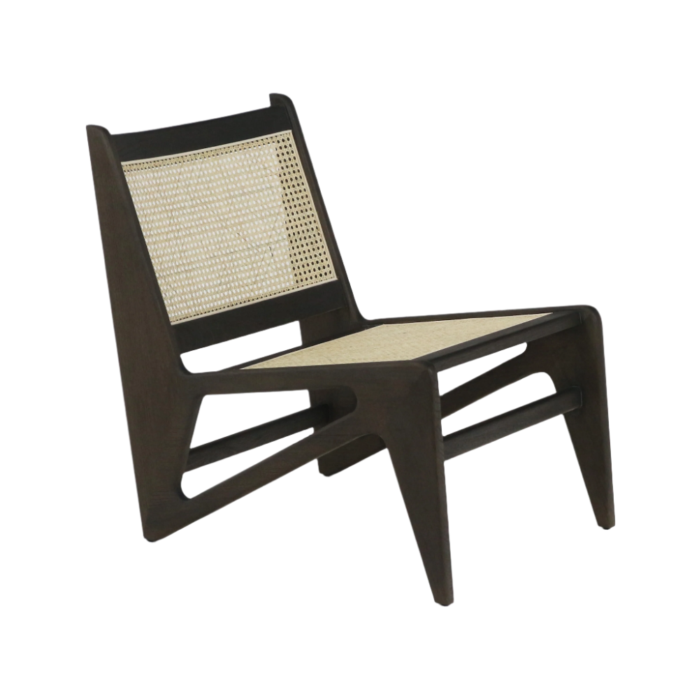 Low-profile mid-century modern armless lounge chair with dark teak solid-wood frame and natural woven cane seat and back, featuring sculpted angular legs and open side cutouts.