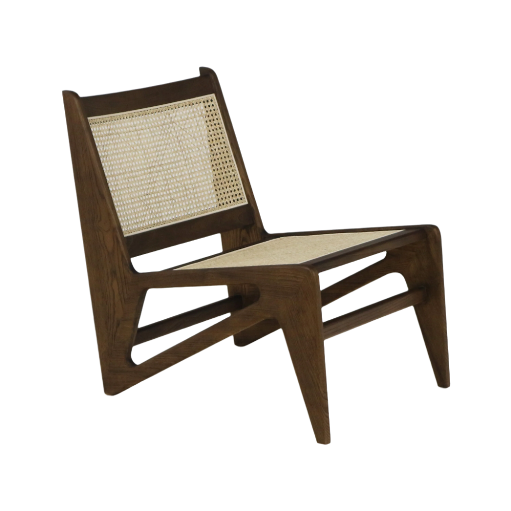 Low-profile mid-century modern lounge chair in warm teak with a solid wood frame and woven cane seat and back, featuring angled legs and open slatted side supports.