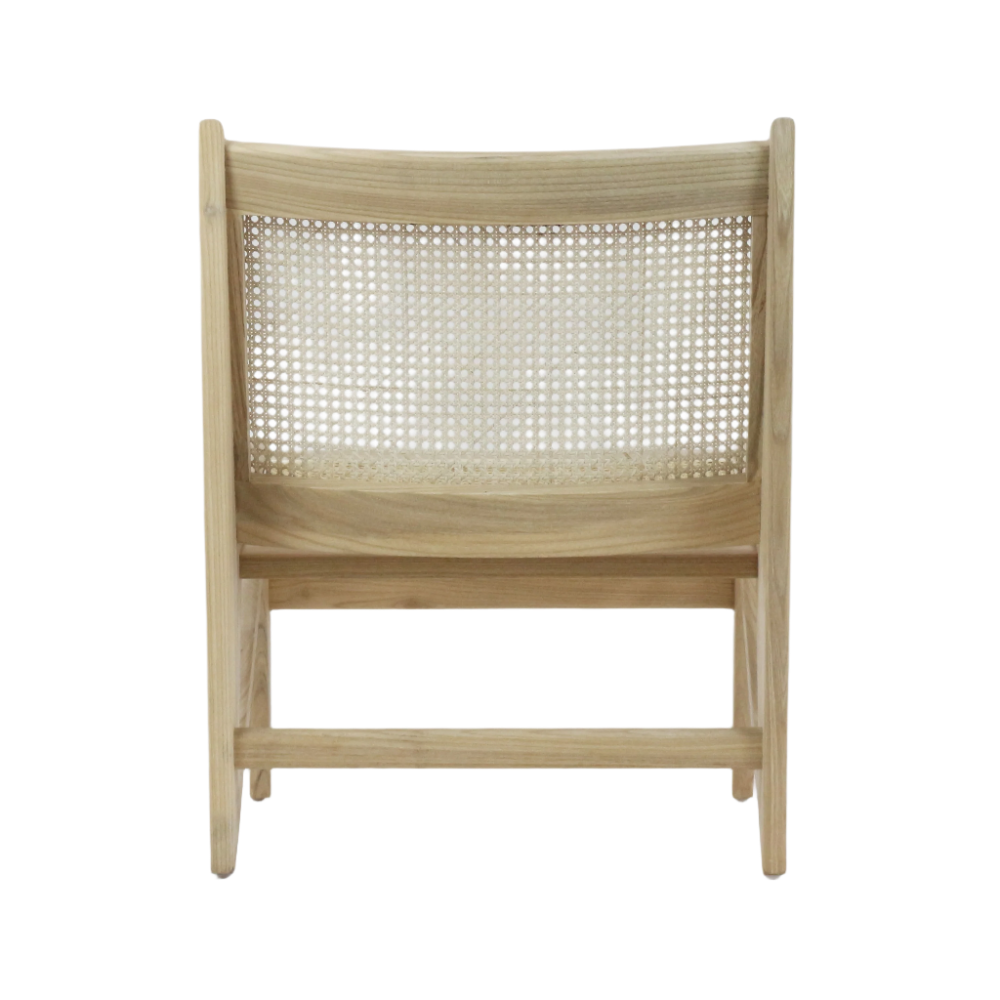 Rear view of an armless lounge chair in natural blonde teak, featuring a woven cane backrest set in a solid wood frame with a low modern profile.