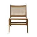 Front view of an armless mid-century modern lounge chair with a warm teak solid wood frame and natural cane woven back and seat.