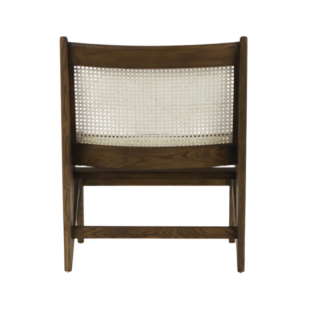 Rear view of a kangaroo-style lounge chair in warm teak with a woven cane backrest and solid wood frame, showing the curved top rail, lower stretcher and angled legs on a white background.