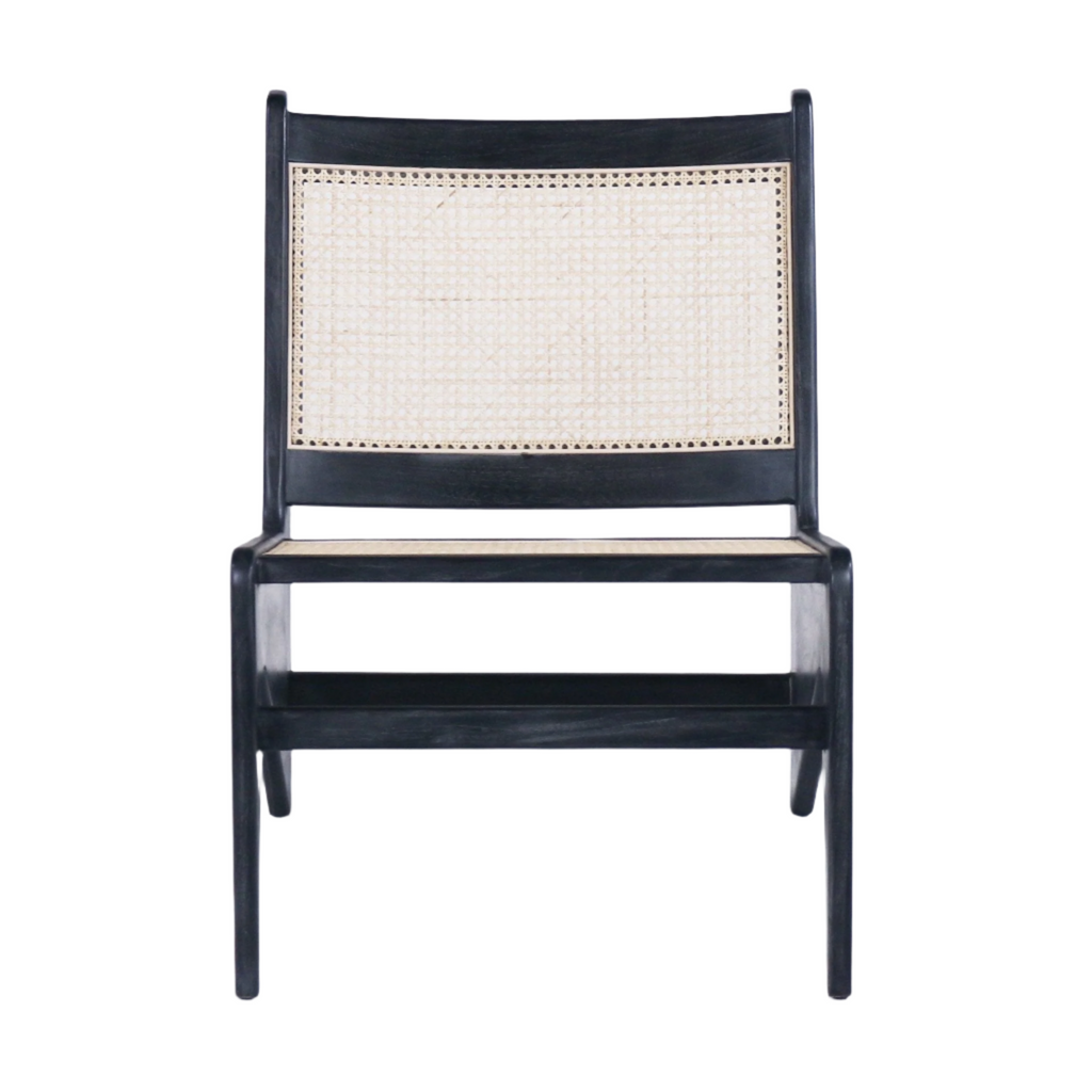 Front-facing armless lounge chair with a smoked-black solid teak frame and natural woven cane seat and back, featuring a low mid-century modern profile ideal for living room accent seating.