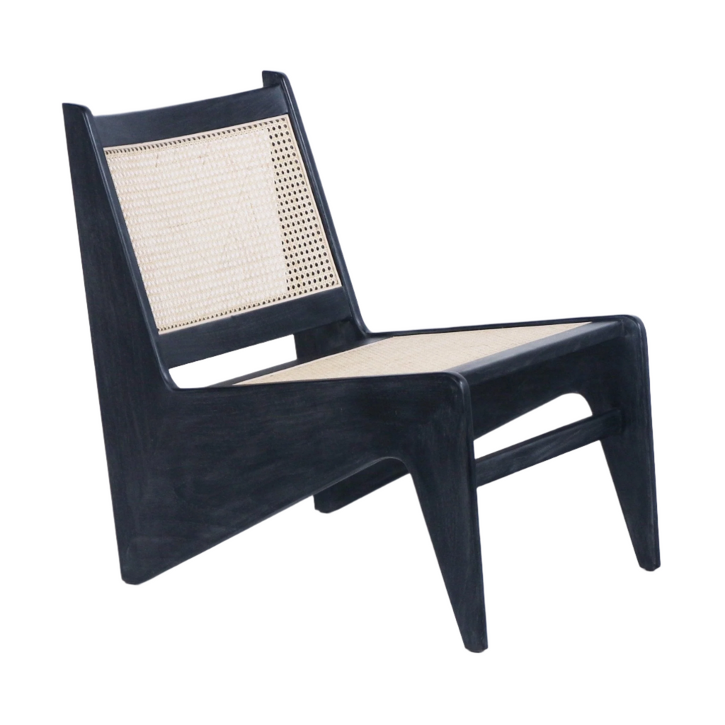 Low mid-century modern lounge chair with a smoked-black solid teak frame and natural woven cane seat and back, armless silhouette and gently angled legs.