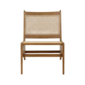 Armless low-back chair with a solid teak frame and woven cane seat and back in a natural wood finish, featuring mid-century modern lines and tapered legs.