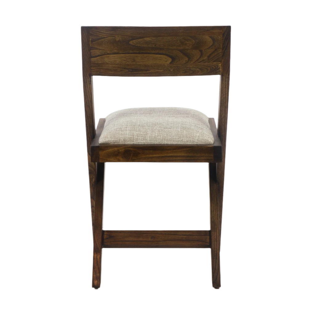 Front view of a midcentury modern side chair with a medium-brown natural wood frame and a beige upholstered seat cushion, featuring a rectangular backrest and straight tapered legs.