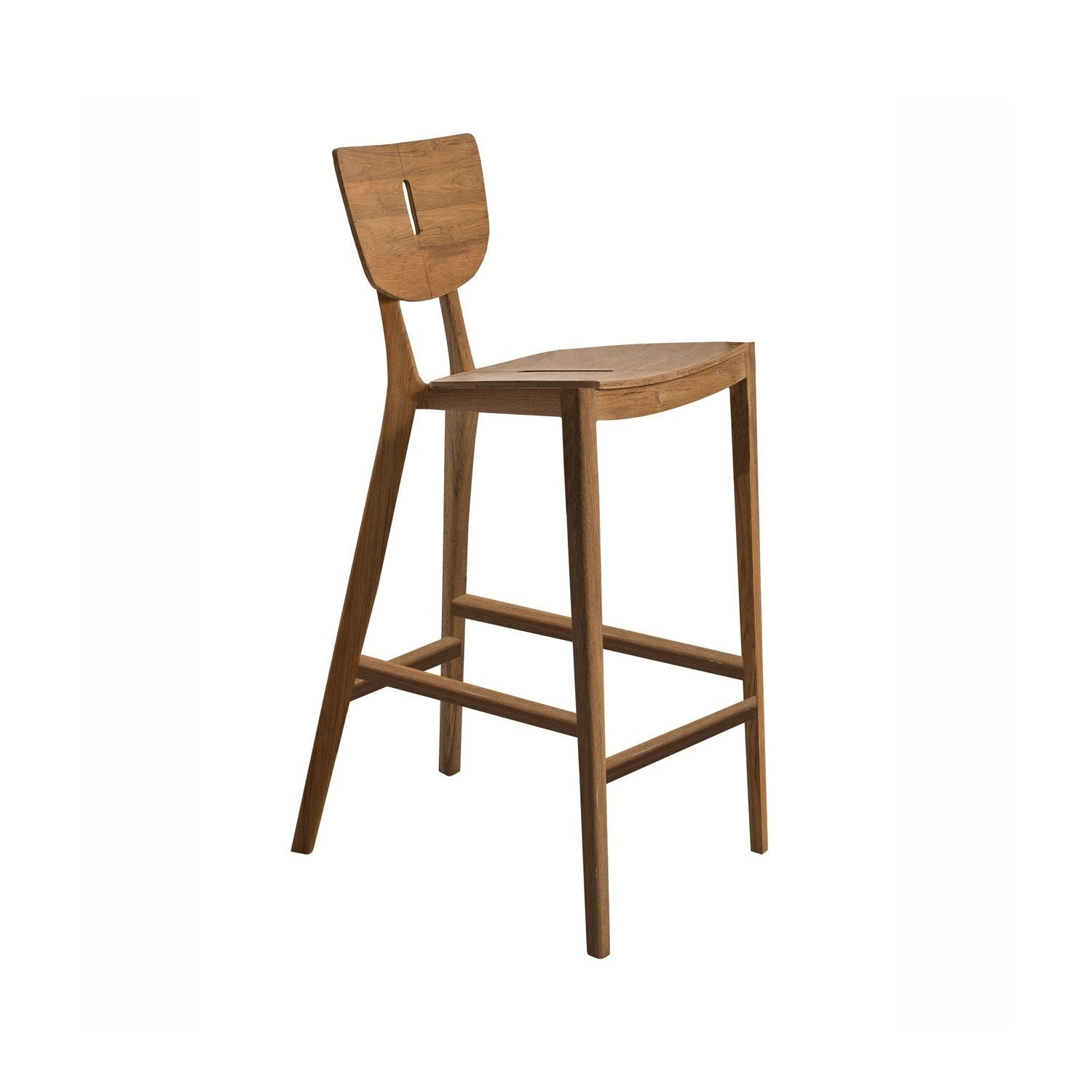 Armless teak outdoor bar stool with a gently curved seat and small slotted backrest in natural teak finish, tapered legs and horizontal foot rails, shown on a white background.