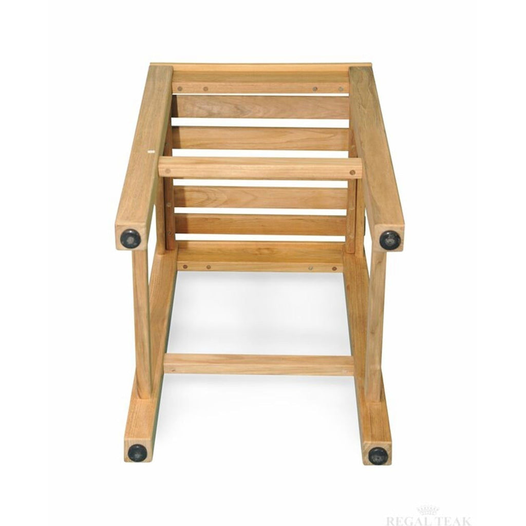 Top-front view of a backless teak outdoor bar stool showing a natural-finish slatted seat frame, integrated footrest and black protective leg caps in a minimal coastal wood design.
