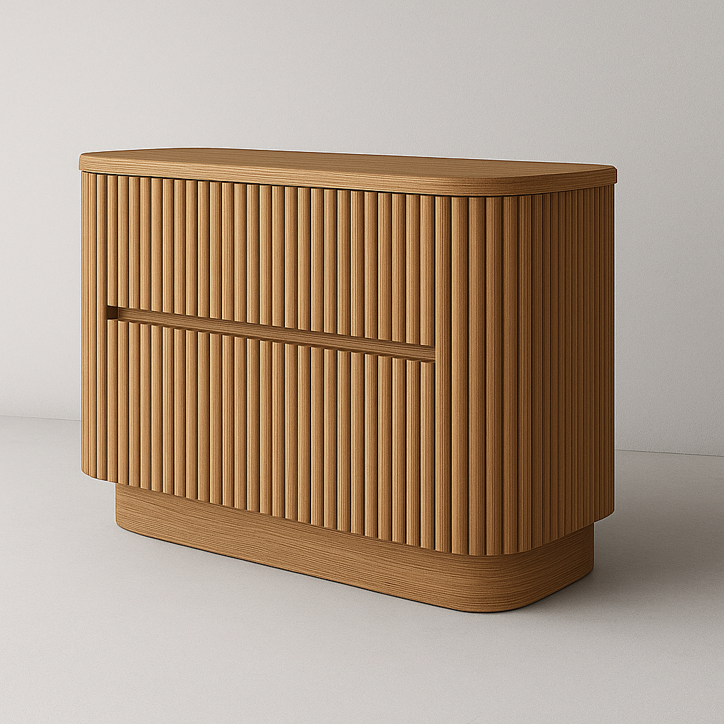 Natural oak fluted two-drawer dresser with rounded corners and recessed horizontal pull, featuring vertical ribbed detailing and a low modern profile with warm wood grain finish.
