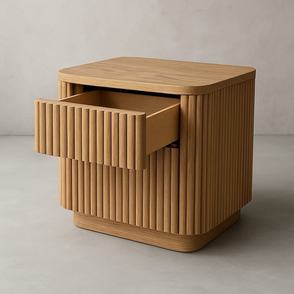 Solid oak nightstand in a natural finish with rounded corners, vertical fluted front and a partially open drawer revealing interior storage; modern mid-century silhouette on a low plinth base.