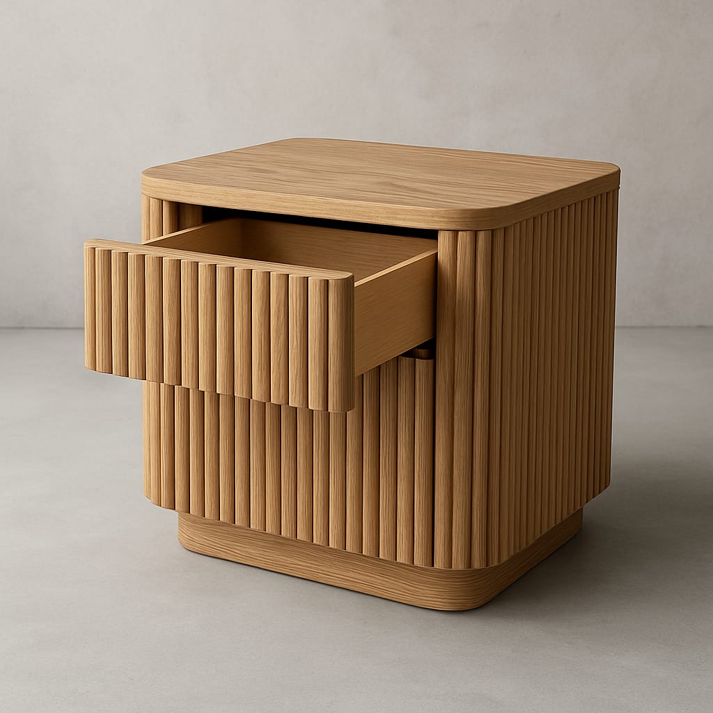 Natural oak fluted nightstand in a modern mid-century style, with rounded corners and vertical ribbed slats, showing the top drawer partially open and a smooth flat top.