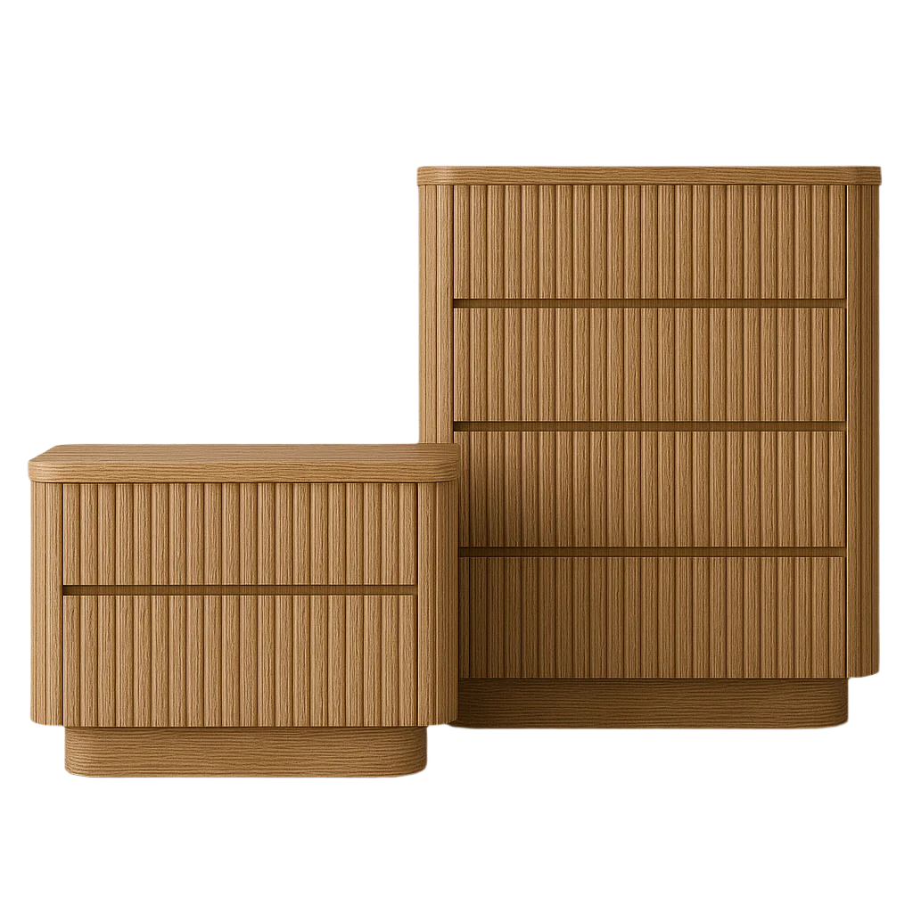 Two natural oak fluted dressers, a low 2-drawer and a taller 4-drawer, shown side by side with vertical ribbed fronts, rounded corners, recessed pull grooves and a smooth plinth base in warm oak finish.