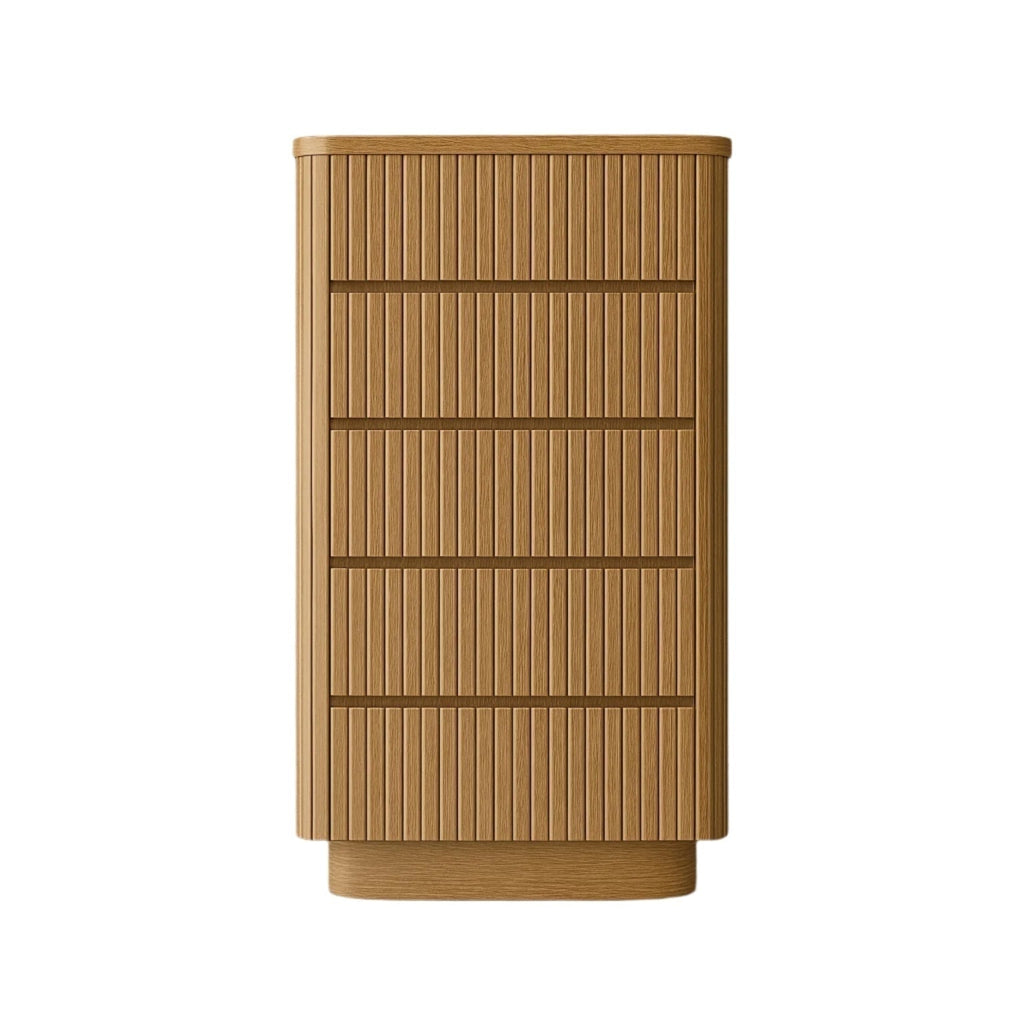 Tall modern dresser in natural oak with fluted vertical slats across the drawer fronts, recessed horizontal reveals between drawers, rounded corners and base, finished in a warm natural wood tone for a minimalist look.
