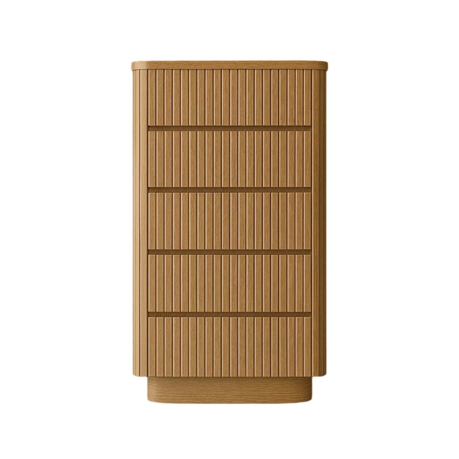 Tall modern dresser in natural oak with fluted vertical slats across the drawer fronts, recessed horizontal reveals between drawers, rounded corners and base, finished in a warm natural wood tone for a minimalist look.
