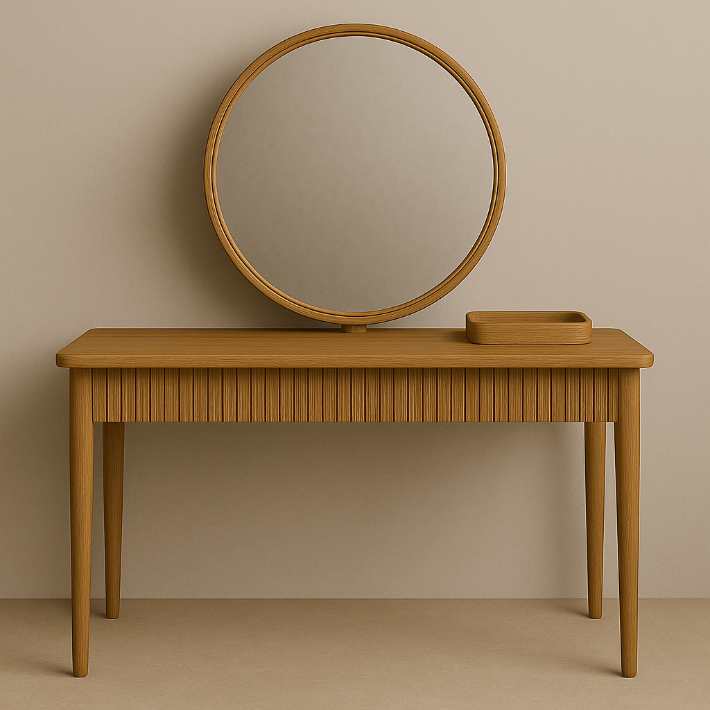 Solid natural oak fluted vanity table in a modern style with tapered legs, topped by a round oak-framed mirror and a matching rectangular oak tray against a neutral beige background.