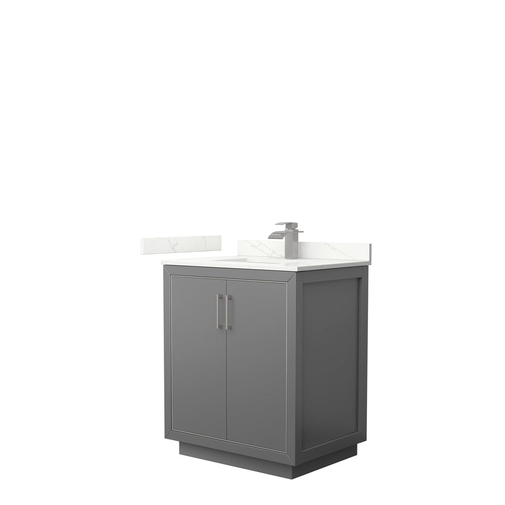 30-inch modern freestanding bathroom vanity in stone finish with a solid wood two-door cabinet, white marble-look stone countertop and backsplash, single integrated sink and brushed-nickel single-handle faucet.