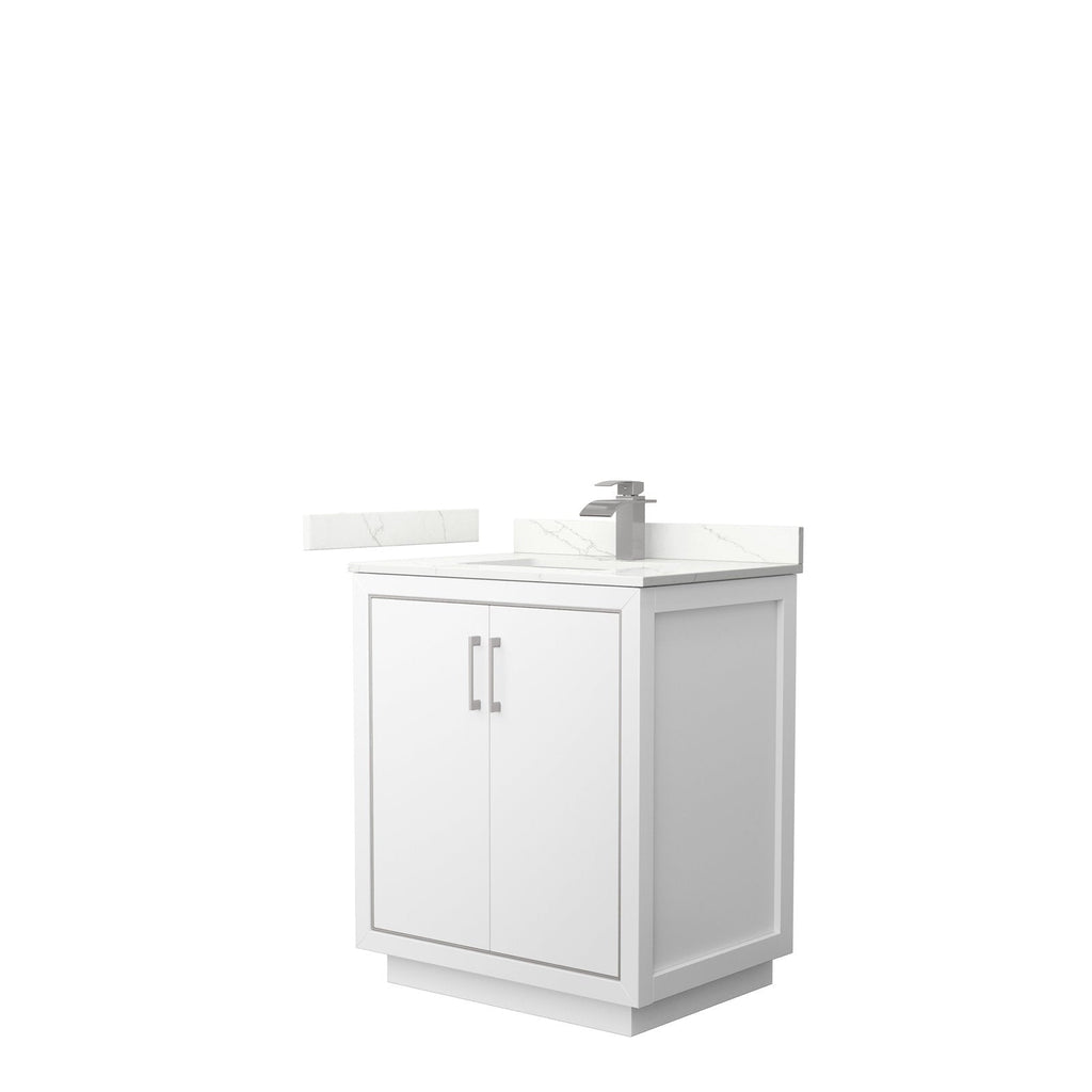 Modern 30-inch freestanding solid wood bathroom vanity in stone finish with veined stone countertop and backsplash, integrated single ceramic sink, rectangular brushed-nickel faucet and matching two-door cabinet handles.