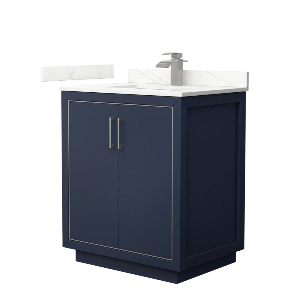 Freestanding 30-inch modern navy solid wood bathroom vanity with white stone countertop and low backsplash, integrated ceramic sink, square brushed-nickel faucet and matching bar handles on a two-door cabinet.