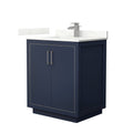 Freestanding 30-inch modern navy solid wood bathroom vanity with white stone countertop and low backsplash, integrated ceramic sink, square brushed-nickel faucet and matching bar handles on a two-door cabinet.