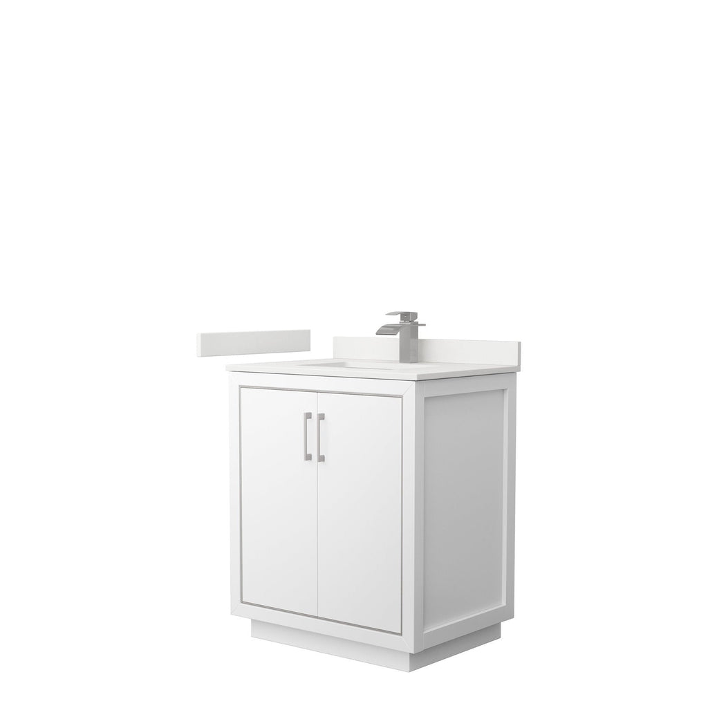 30-inch modern solid wood bathroom vanity in stone finish with an integrated stone top and sink, two-door cabinet with vertical brushed-nickel handles, rectangular single-handle faucet and short backsplash.