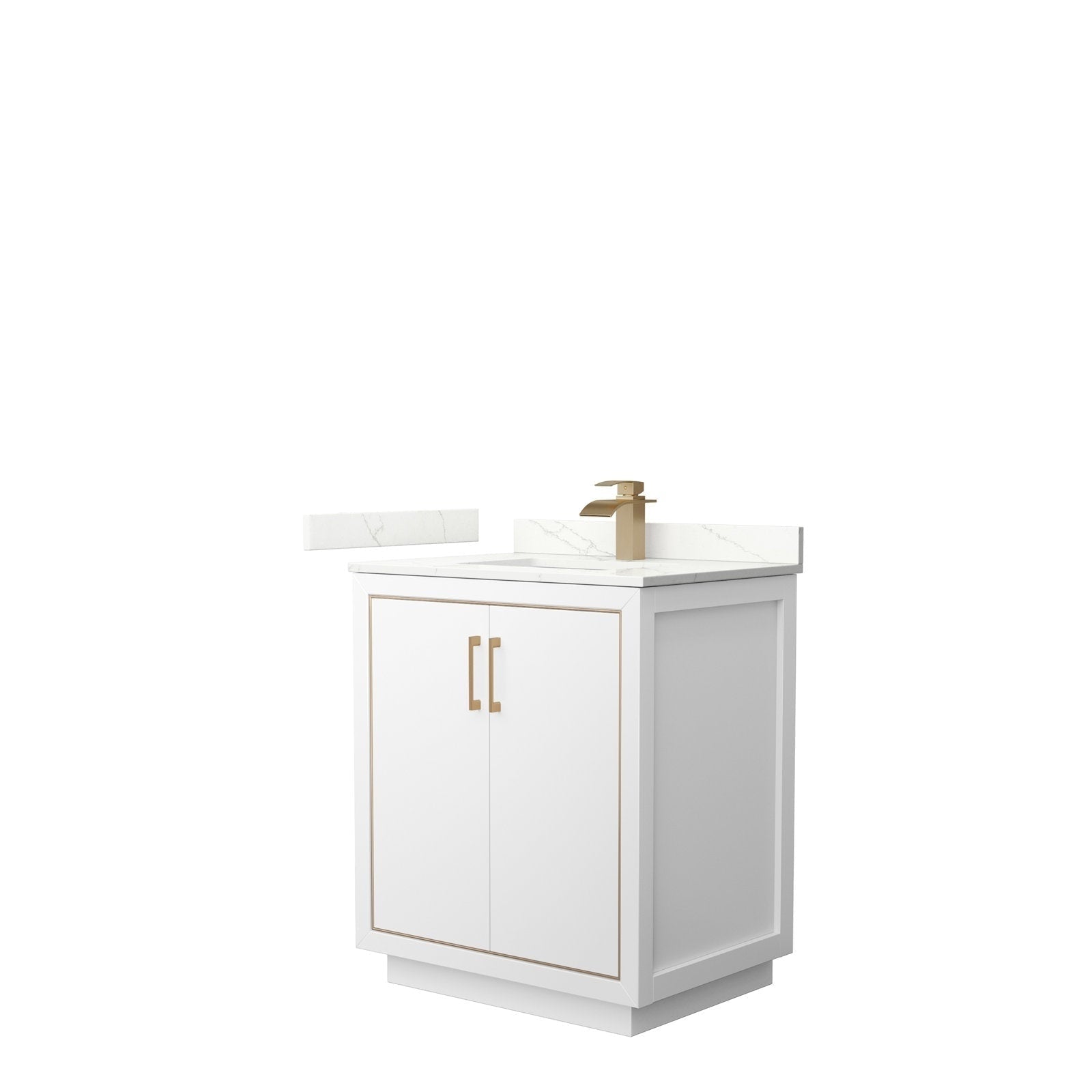 Freestanding 30-inch white solid wood bathroom vanity with a stone top and backsplash, integrated ceramic sink, and brushed gold faucet with matching gold handles in a modern, contemporary design.