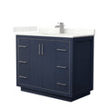 Modern 42-inch solid wood navy bathroom vanity with white stone countertop and backsplash, single sink, brushed nickel faucet and matching metal handles on a freestanding base.